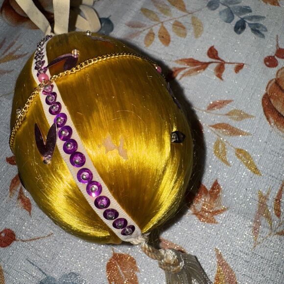 Vintage Satin Push Pin Sequin Bead Christmas Ornament Purple Yellow Gold - Picture 6 of 10